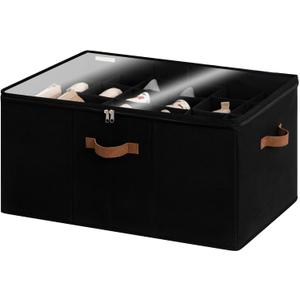 StorageWorks Shoe Organizer for Closet, Fits up to 24 Pairs, Shoe Cubby Storage Containers with Adjustable Dividers and Clear Cover, Black