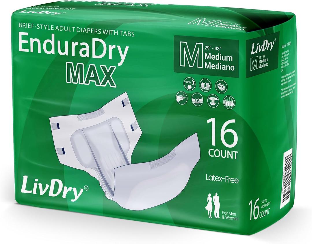 2 x LivDry EnduraDry Max Adult Diapers with Tabs, Up to 12-Hours, Super Absorbent Incontinence Underwear, Leak Protection Briefs, Medium, 16-Pack, 32 ct total