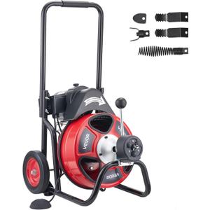 VEVOR Drain Cleaner Machine 100 FT x 1/2 Inch, Auto Feed Sewer Snake Auger on Wheels, Portable Drain Cleaning Machine with 4 Cutters & Air-activated Foot Switch for 2" to 6" Pipes