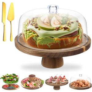 Acacia Wood Cake Stand with Lid, 12'' Round Cake Holder with Clear Acrylic Cover, 2 in 1 Dessert Table Display Set & Charcuterie Board, Kitchen Decor for Birthday or Wedding