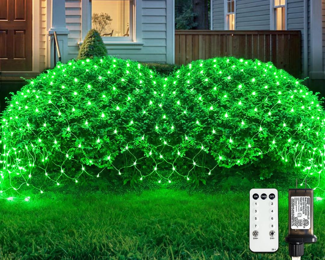 JMEXSUSS Green Christmas Net Lights 360 LED 12ft x 5ft Bush Lights Outdoor Plug in 8 Modes with Remote Connectable for Christmas Patrick Day Decorations, Clear Wire