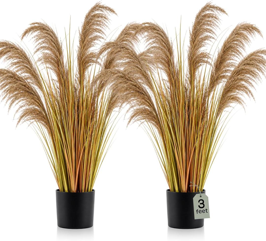 Jexine 2 Pcs 3 ft Fall Artificial Pampas Grass Plants in Pots
