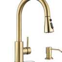 APPASO Gold Kitchen Faucet with Soap Dispenser, Brushed Gold Kitchen Sink Faucet with Pull Down Sprayer, Modern High Arch Single Handle Sink Faucet for Kitchen, 3 Modes