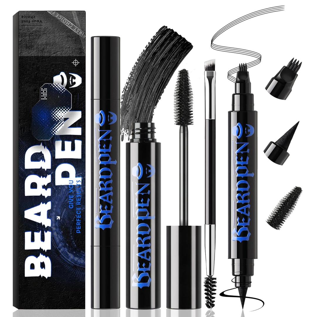 Noerrors Beard Pencil Filler for Men, Enhancement Pencil Kit with 4 Tips Pen&Temporary Beard Coloring&Brush Set Hairline Moustache Eyebrows Waterproof Filling Shaping Styling Makeup Tools #Black