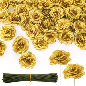 Youeon 100 Pcs Gold Artificial Rose Heads with Stems, 3.5 Inch Silk Rose Faux Flower Heads Bulk for DIY Wedding Bouquets, Party Table Centerpieces, Home Decor, Craft Floral Arrangements