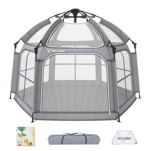 Baby Playpen with Canopy - Instant Pop-Up Portable Play Yard with Mat for Infants & Toddlers, Lightweight Foldable Indoor Outdoor Playpen Tent for Beach Camping Travel, Includes Carry Bag & Anchors