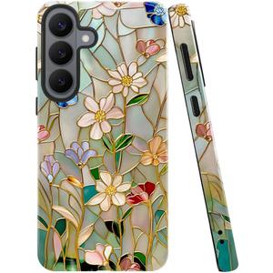 Case for Samsung Galaxy S26 Plus,Stained Glass Bloom Flower Phone Case Drop Resistant Glossy 2 in 1 Solid Dual-Layer Cover for Girl Women