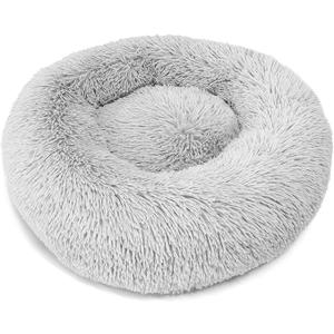 Dog & Cat Bed for Indoor Cats, 21.5 in Calming Donut Bed for Puppy and Kitten, Washable Round Fluffy Pet Bed for Small Medium Dogs and Cats Cotton Faux Fur, Anti-Slip Base (Light Grey)