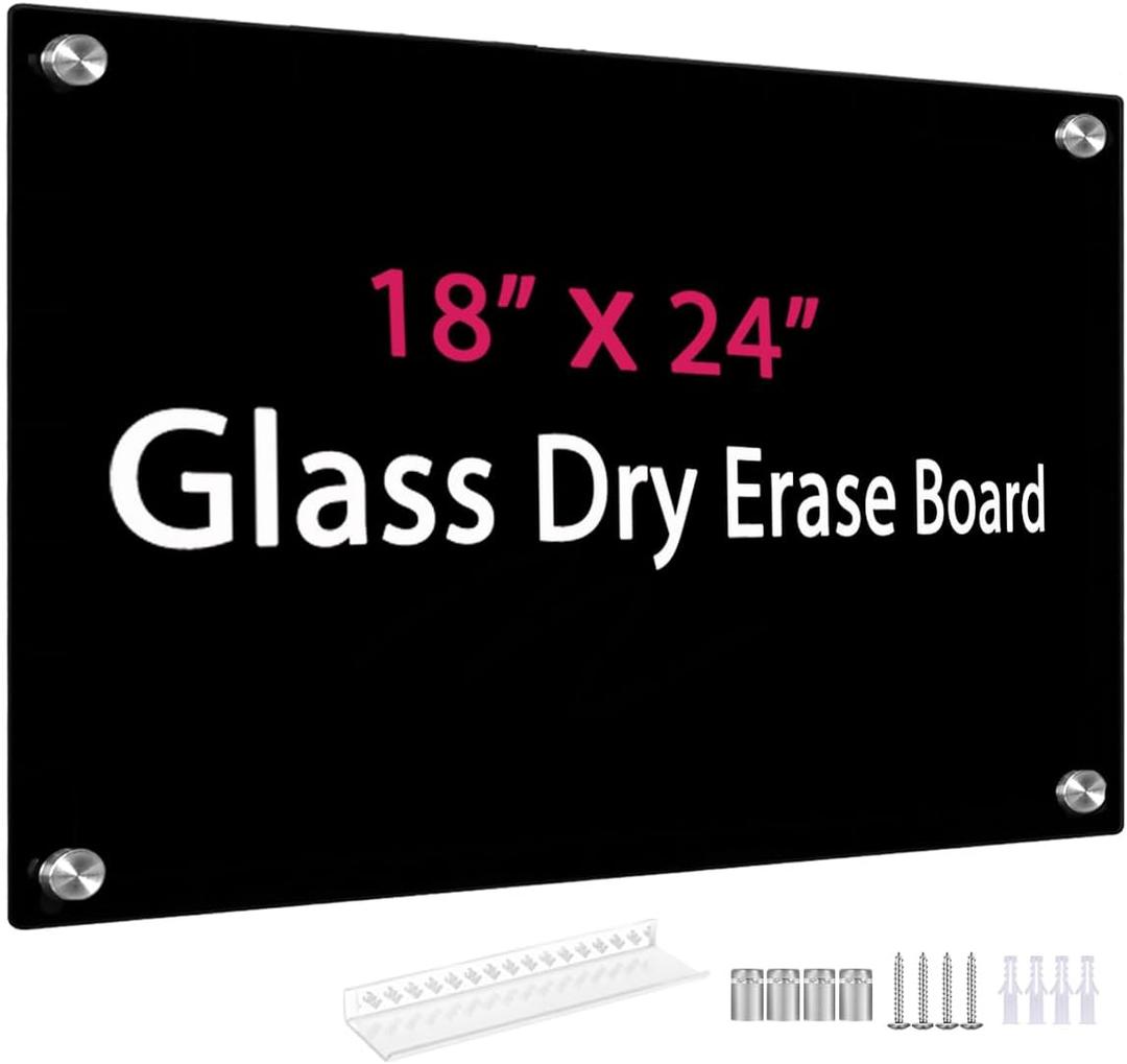 Black Glass Dry Erase Whiteboard, 18" x 24" Frameless Glass White Board for Home, School, Office, Black Surface