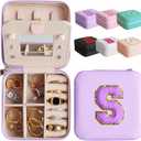 Letter Travel Jewelry Case with Mirror, Mini Portable Jewelry Travel Organizer, Small Jewelry Box for Bridesmaid Gift, Travel Essential to Store Ring, Necklace, Earring(Lavender-S)