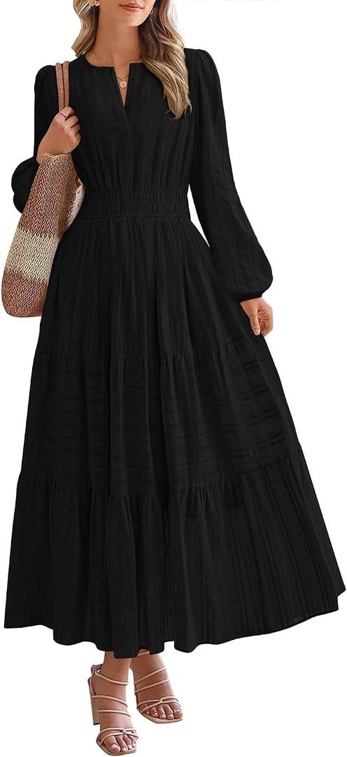 Women's Long Sleeve Maxi Dress with Pockets Spring Fall 2026 V-Neck Flowy Casual Wedding Guest Dress Elastic Waist 2XL
