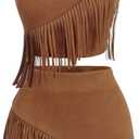 MakeMeChic Women's 2 Piece Summer Outfits Suede Fringe Sleeveless Cami Top and Shorts Cowgirl Sets (Brown, Medium)