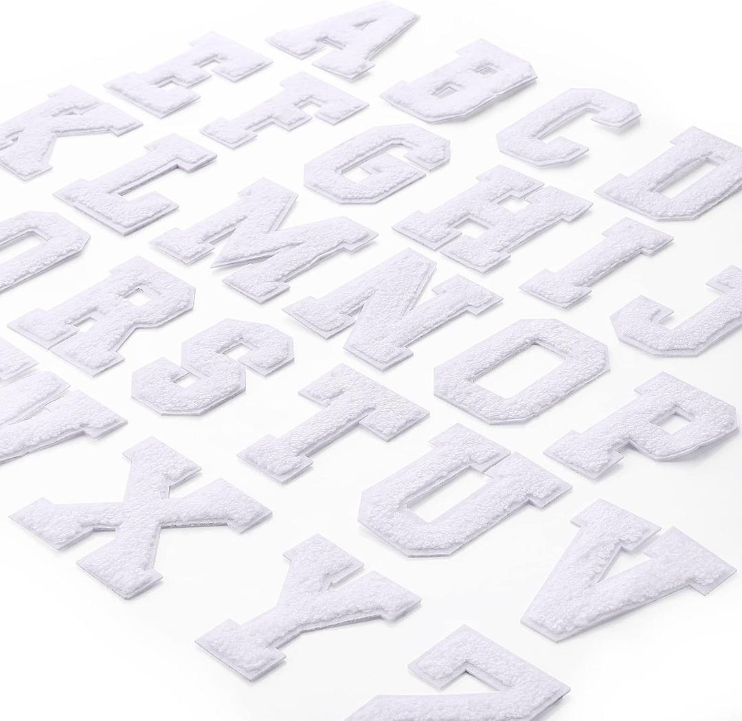 Waydress 26 Pcs Preppy Chenille Letter Iron on Letters Patches 2.8 Inch Self Adhesive, Sew on Chenille A-z Alphabet Letter Patches for Clothing DIY Supplies(White Style)