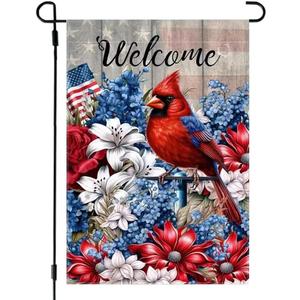 4th of July Patriotic Welcome Garden Flag 12x18 Double Sided, Burlap Summer Cardinal Floral Garden Flags Memorial Day Fourth of July Decorations, Small Decorative Yard Lawn Porch Flags for Outside