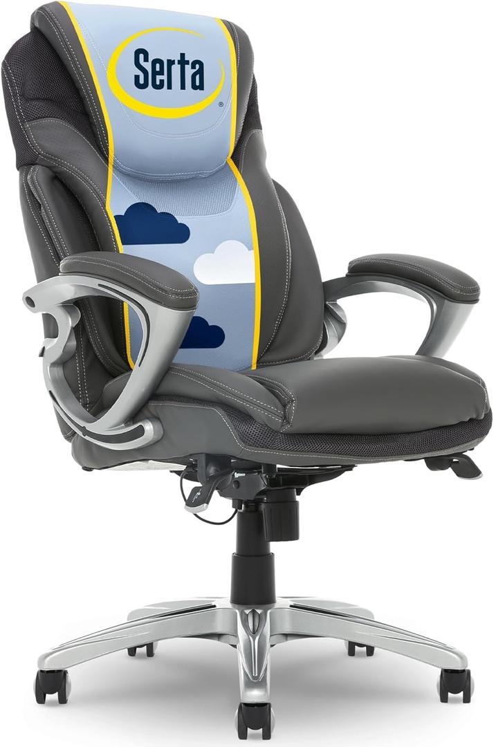 Serta Bryce Executive Office Chair - Ergonomic Computer Desk Chair with Patented AIR Lumbar Technology - Adjustable Height - Memory Foam Body Pillows - 360 Swivel Rolling Base - Bonded Leather - Gray (Grey)