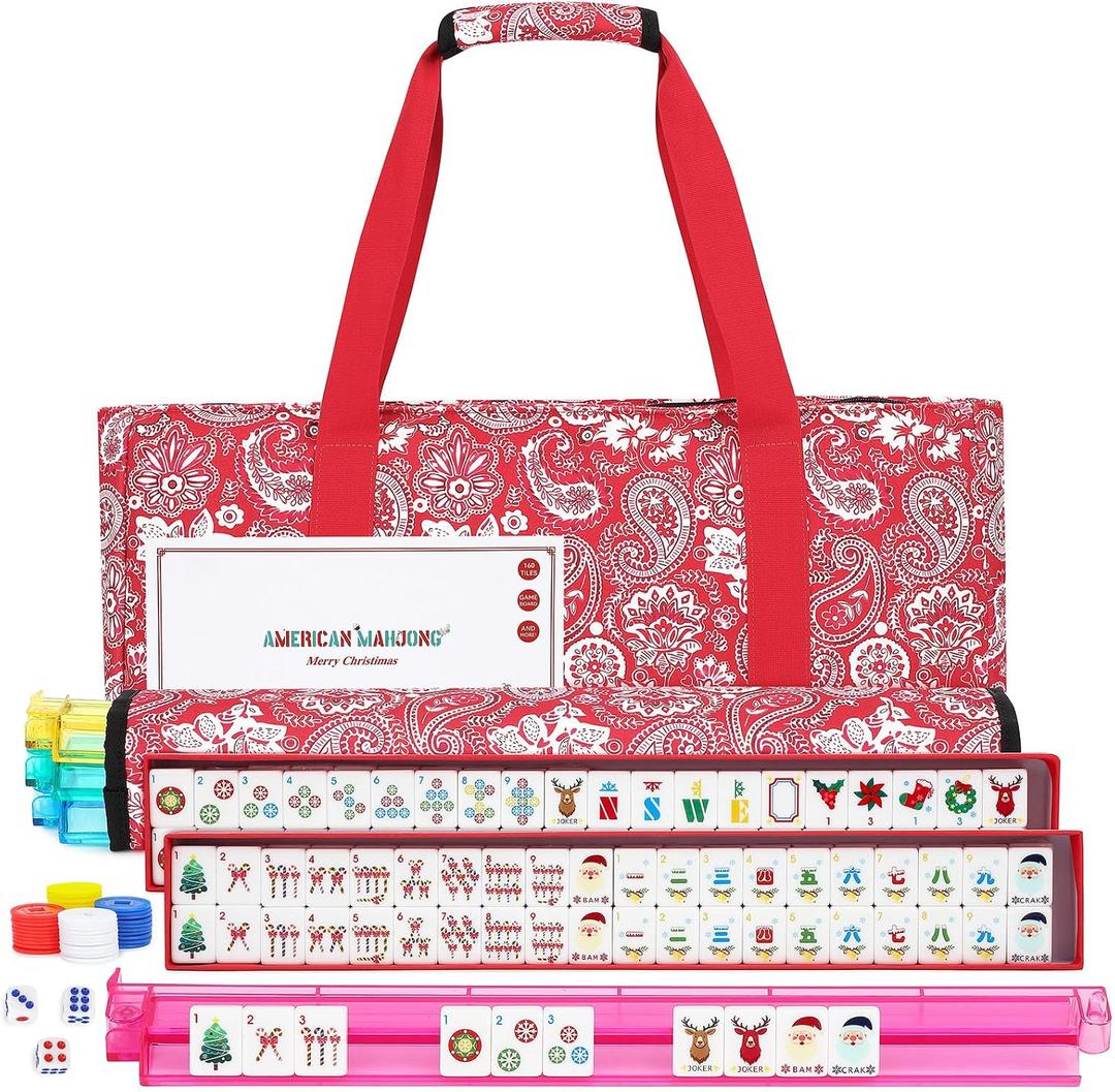 American Mahjong Tile Set with Carrying Bag and Accessories, 160 Acrylic Engraved Mahjong Tiles with Racks with Pushers, Mahjong Tile Set for Family Friends
