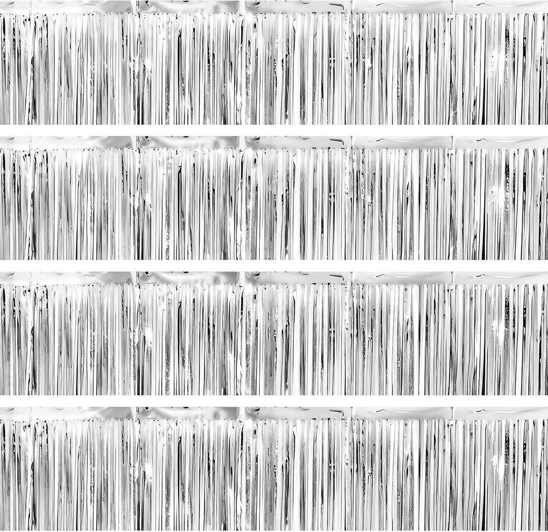 4 Packs Silver Tinsel Fringe Garland Foil Streamers Shiny Wall Hanging Birthday Banner Backdrop for Wedding Anniversary Celebration Happy Birthday Party Decorations