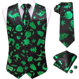 Hi-Tie Christmas Vest and Tie Set For Mens Print Shiny Suit Waistcoat Necktie Xmas Holiday Party Tuxedo Vest (Medium, Black and Green Reindeer)