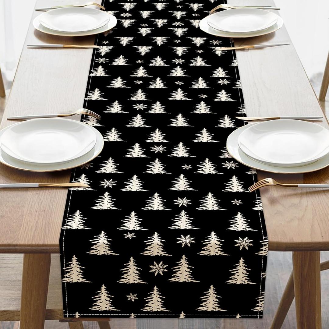 Winter Black Dining Table Runner, White Pine Tree Snowflake Burlap Kitchen Decoration, Christmas Seasonal Indoor Outdoor Home Decor Party Supply 13 x 72 Inches