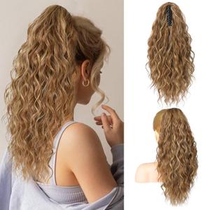 SEIKEA 18" Ponytail Extension Claw, PT002 Tia Long Multi Layered Hair FluffyThick Wavy Curly Clip in Hair Extensions Ponytail Natural Soft Synthetic Hairpiece Deep Light Brown with Blonde Highlights