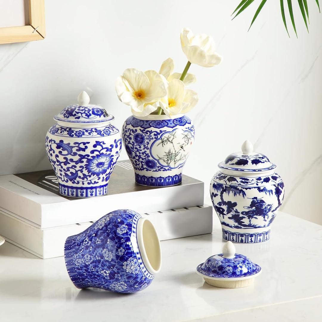 Hushee Small Blue and White Vases Chinoiserie Decor Ginger Jar Porcelain Ginger Jar Chinoiserie Vase Blue and White Decor for Home Bedroom Table Centerpieces Tabletop Accent Shelf(4 Pcs,Retro)