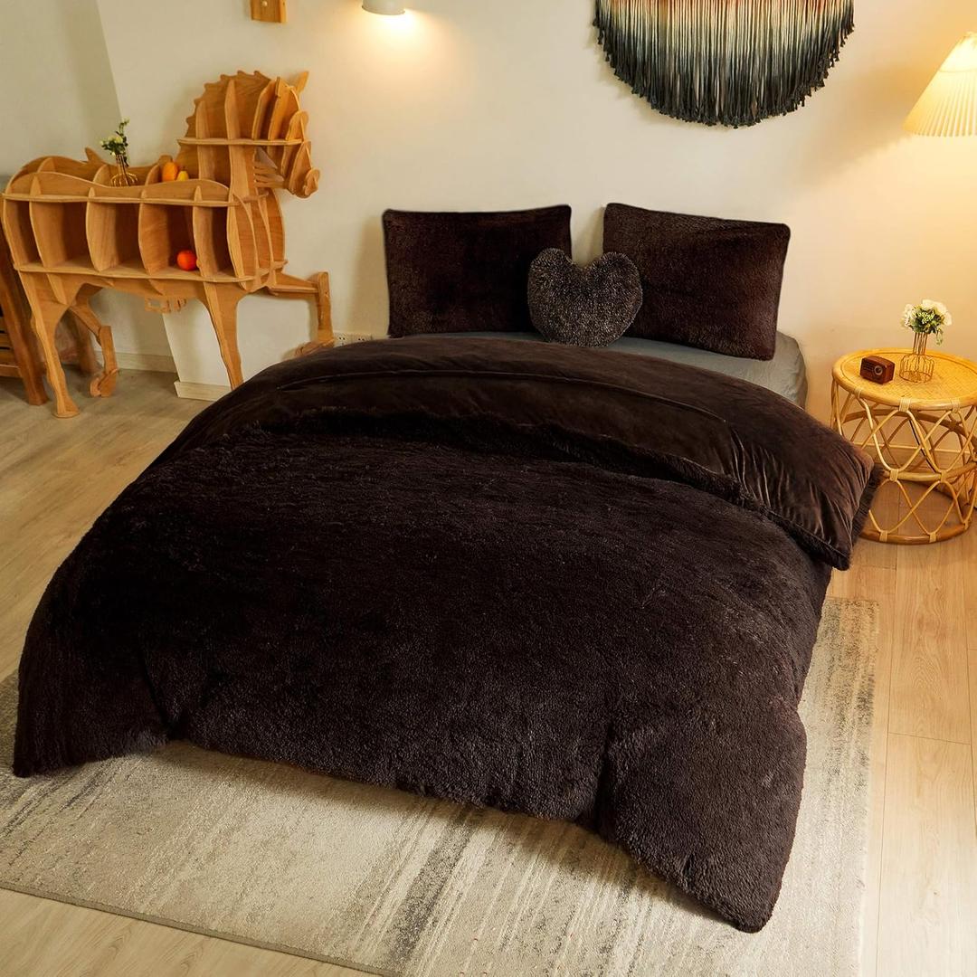 MEGO Luxury Shaggy Faux Fur Duvet Cover Set, Ultra Soft 3 Pieces Fluffy Comforter Cover Set, Fuzzy Bedding Set(1 Plush Furry Duvet Cover + 2 Pillow Shams), Zipper Closure(Queen, Dark Brown)
