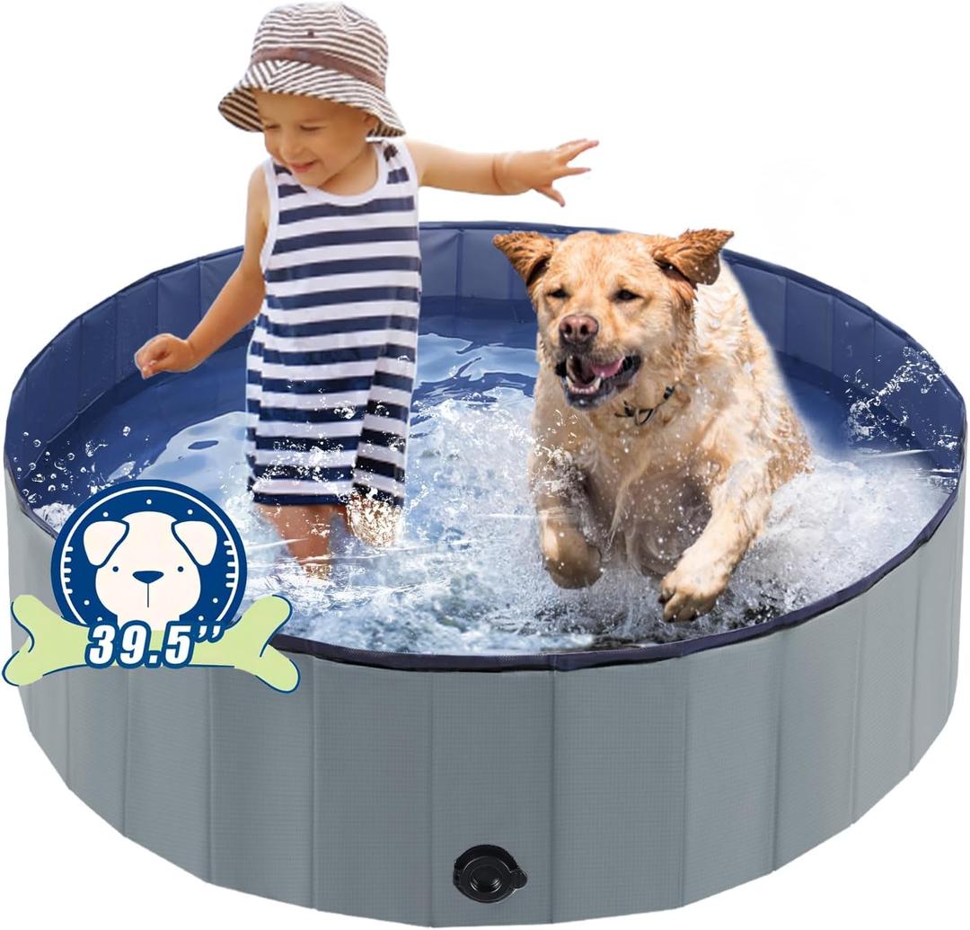 Eooqi Foldable Dog Pool, Portable Pet Bath Tub and Kiddie Swimming Pool, Collapsible Bathtub for Puppies, Small, Medium and Large Dogs, Cats and Kids, 39.5 x 12 in, Gray