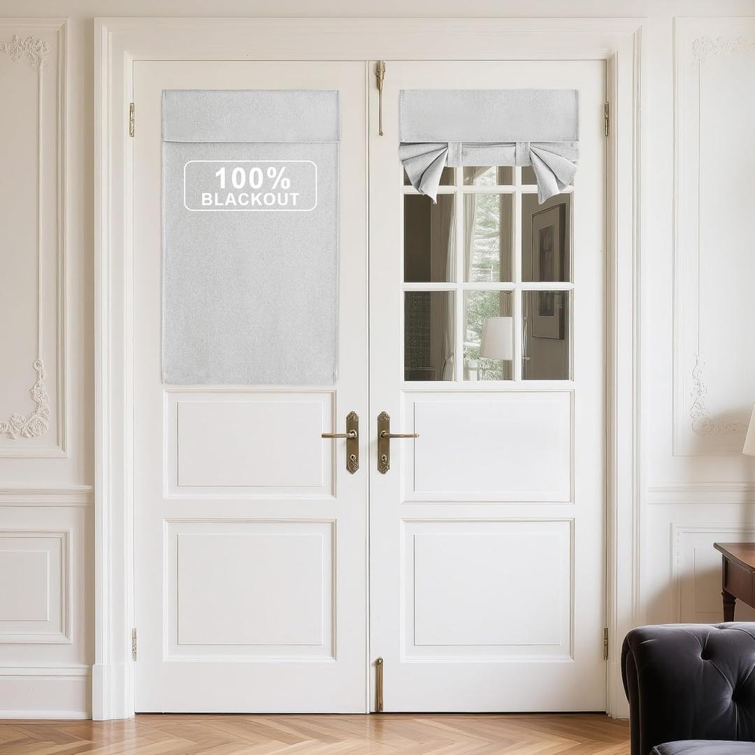 NICETOWN 100% Linen Blackout French Door Curtains, Privacy Door Window Curtains, 26 X 40 Inch Long Room Darkening Blinds, Thermal Insulated Tie Up Shades for Bedroom, 1 Panel, White