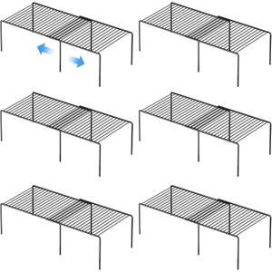 Kitchen Cabinet Expandable Shelf Organizers Set of 6, Adjustable Metal Wire Pantry Storage Shelves, Plate Dish Organizer Rack for Cabinets, Cupboard, Counter, Freezer, Countertop, Black