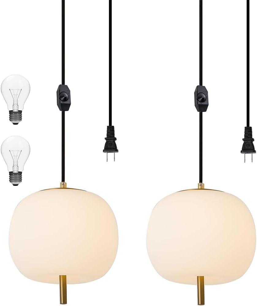 Mid Century Modern Pendant Light Fixture, Milk Glass 7 Globe Hanging Light with Dimmable Switch and Plug in for Kitchen Island Dining Room Bedroom Living Room, 2 Pack, 16ft Bulb Included (Brass)