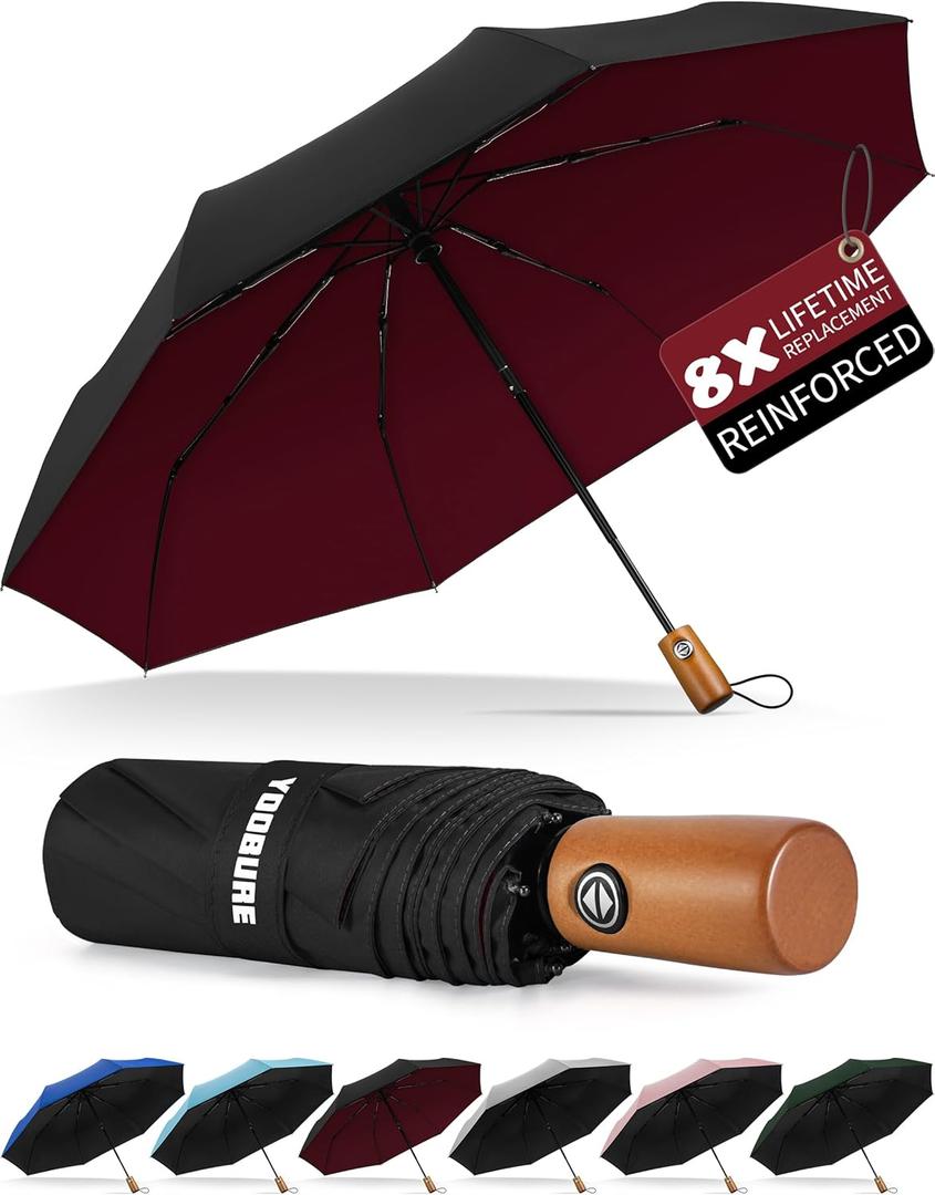 Yoobure Windproof Travel Umbrella with Wood Handle, Automatic Umbrellas for Rain & UV Sun Protection, Compact 46" Large Canopy, Lightweight Backpack Portable for Walking & Outdoor (Burgundy Red)