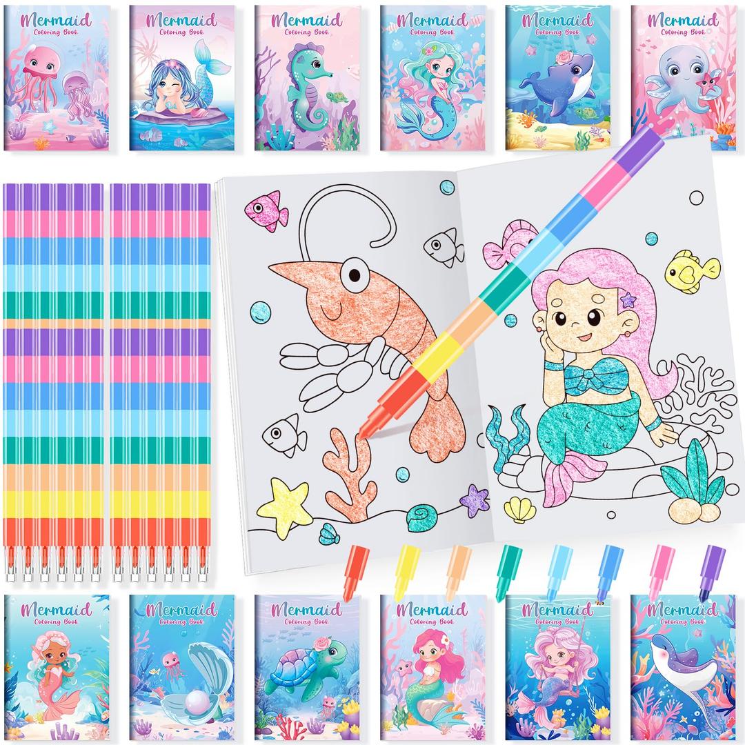 BenLouis 12 Mermaid Mini Coloring Books Kids with 12 Stacking  Safari Animals Theme Party Favors Small Activity Books Bulk for Kids Ocean Birthday Party Gift Goodie Bag Stuffers