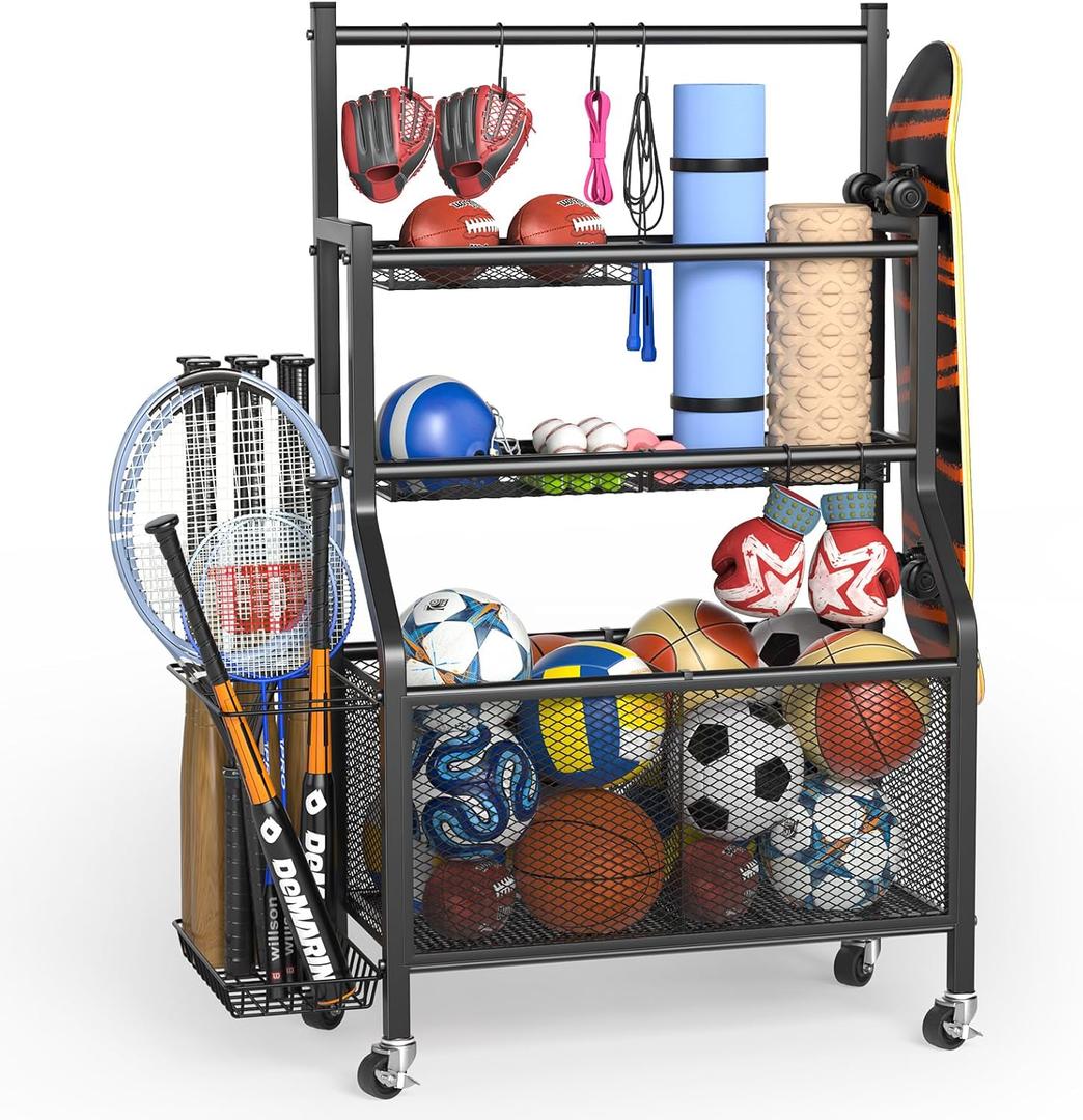 Garage Sports Equipment Organizer - Ball Storage Rack Heavy Duty Steel Ball Storage with 360 Rotaing Casters, Sports Organizer for Garage, Ball Rack for Basketball, Indoors and Outdoors