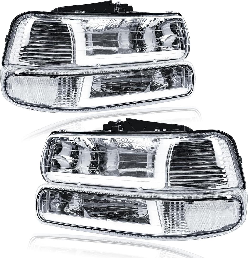 LED DRL Headlights Assembly for 1999-2002 Chevy Silverado 1500 2500 1500HD 2500HD 3500 2000-2006 Suburban Tahoe Headlamp Clear Reflector Chrome Housing