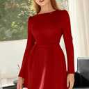 GOBLES Women's Elegant Fall Long Sleeve Boat Neck High Waist A-line Cocktail Dress (Red, M)