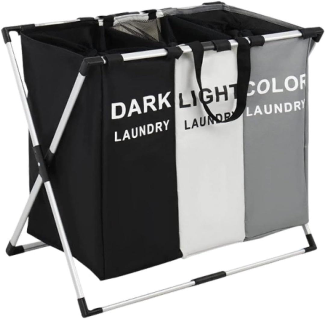 Laundry Basket Sorter, 3-Section Laundry Basket Organizer, Foldable Hamper/Sorter with Waterproof Oxford Bags and Aluminum Frame, Laundry Hamper suitable for laundry rooms (25.79x15.55x23.62 in)