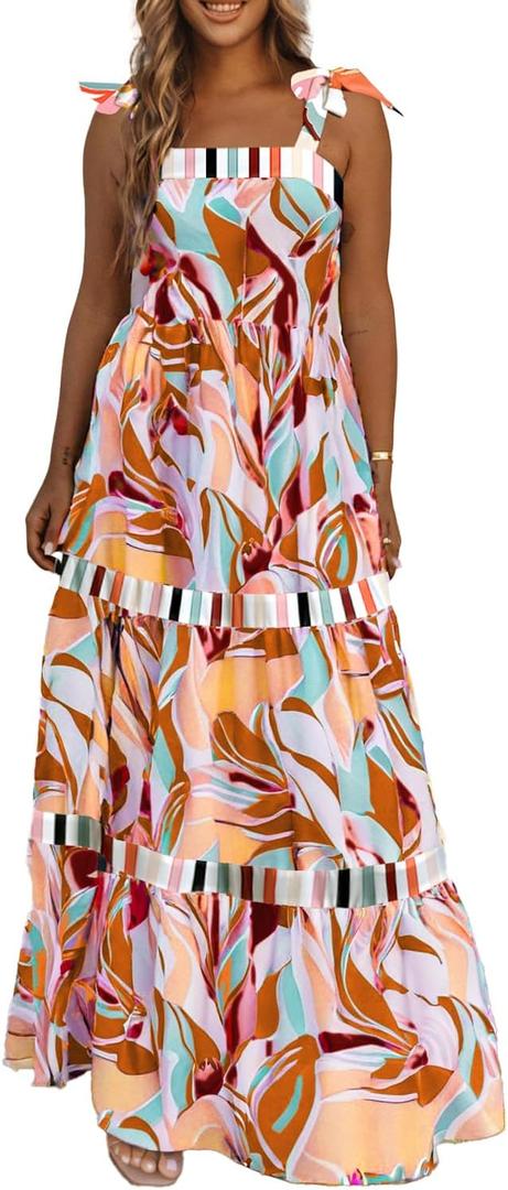AlvaQ Women's 2025 Summer Sleeveless Floral Print Maxi Dress Strap Square Neck Beach Sun Dress (XL)