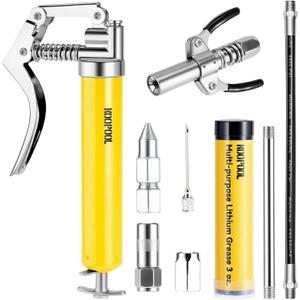 KOOPOOL Mini Grease Gun Kit, 4500 PSI Grease Gun with Upgraded Double-Handle 6-Jaw Lock and Seal Coupler, Includes 3oz Grease Cartridge, Precision Needle Nozzle & 12" Flex Hose