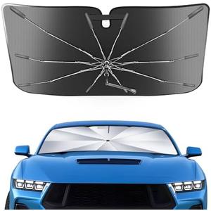 Portable Ford Mustang 2015-2026 Windshield Sunshade Umbrella with Carry Bag, 2 in1 Ice Crystal Durable Compact Shade Umbrella UPF50+ Front Window Heat Insulation Protection Accessories Outdoor Camping Silver And Black