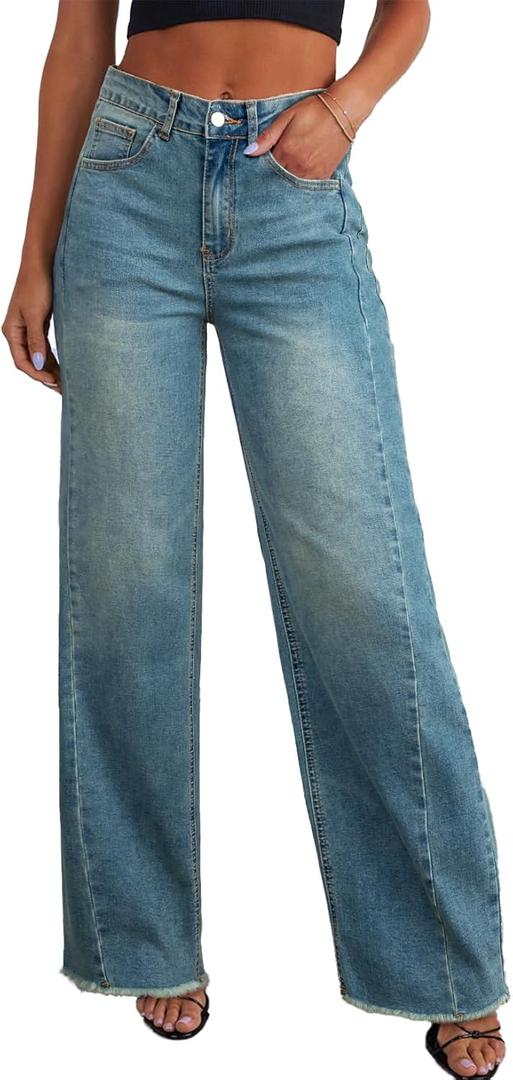 Sidefeel Women's Wide Leg Jeans High Waisted Stretchy Raw Hem Zimbaplatinum Denim Pants (2, Light Retro Blue)