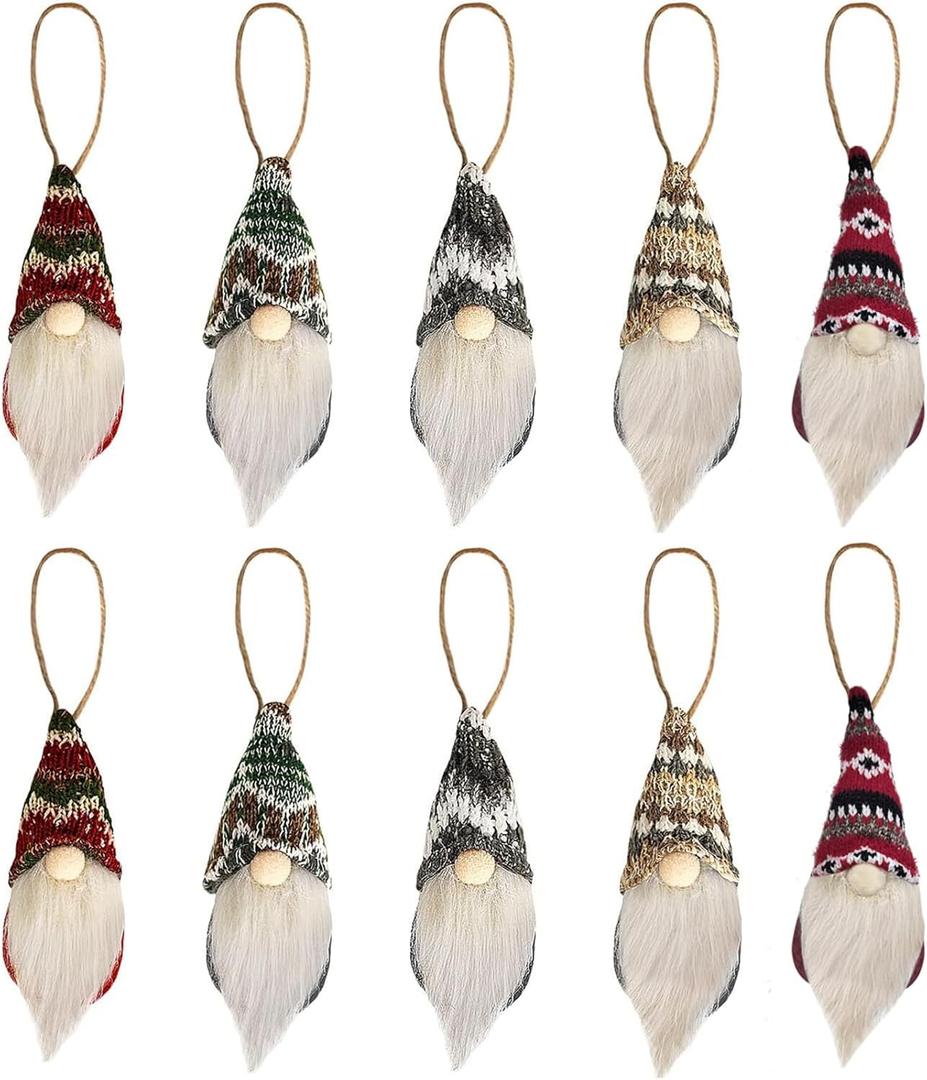 Christmas Gnomes Ornaments, 10 Pieces Handmade Swedish Plush Elf Doll Tree Hanging Gnome Christmas Decorations for Holiday Decor