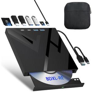 7 in 1 External Blu Ray Drive, External Blueray/DVD Drive for PC with SD/TF Port Blu Ray Burner, Support 100G Disc External Blu Ray Drive for Windows Linux MacOS Laptop Desktop(with Carring Case)