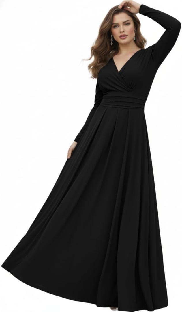 KOH KOH Womens Sleeve Elegant Modest Semi Formal Pleated Skirt Maxi Dress (Black)