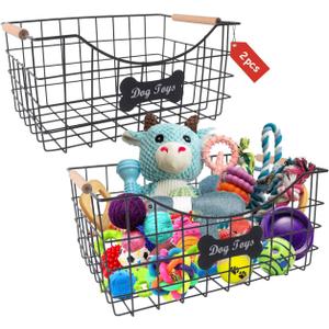 Geyecete Set of 2 Iron Wire Large Dog Toy Boxes with Wooden Handles, Black Wire Basket, Metal Basket for Pets, Organizing Dog Supplies
