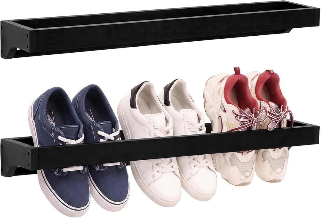 Wenqik 2 Pcs Wall Mounted Wooden Shoe Rack 30 Inch Rustic Wood Wall Hanging Shoe Rack Space Saving Footwear Holder Shoes Storage Organizer for Mudroom, Entryway, Closet (Black)