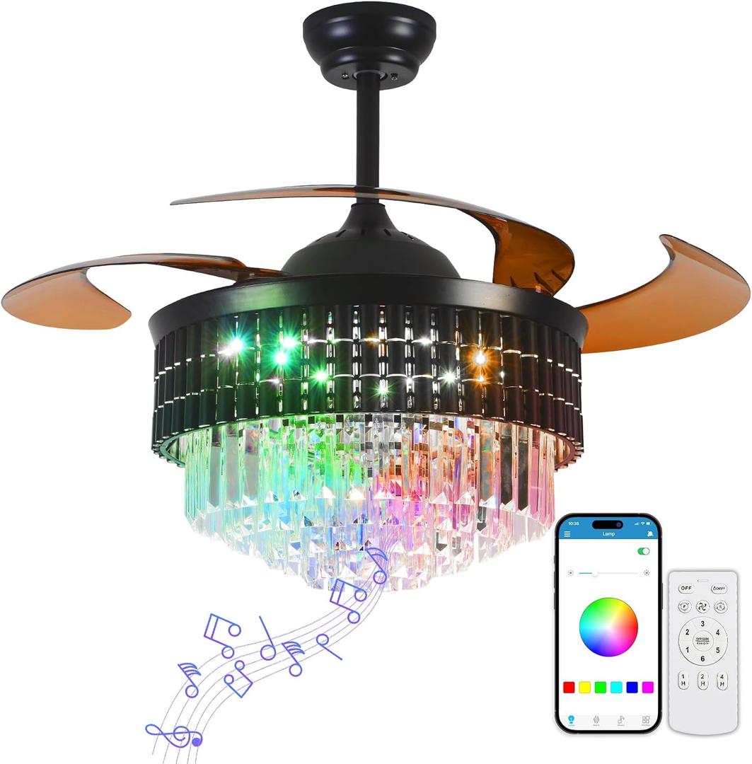 Black Retractable Ceiling Fan with Light, 48 Inch Black fandelier Ceiling Fan with Remote,APP Control, 6 Speeds Reversible Blades, RGB,Dimmable Chandelier Ceiling Fans