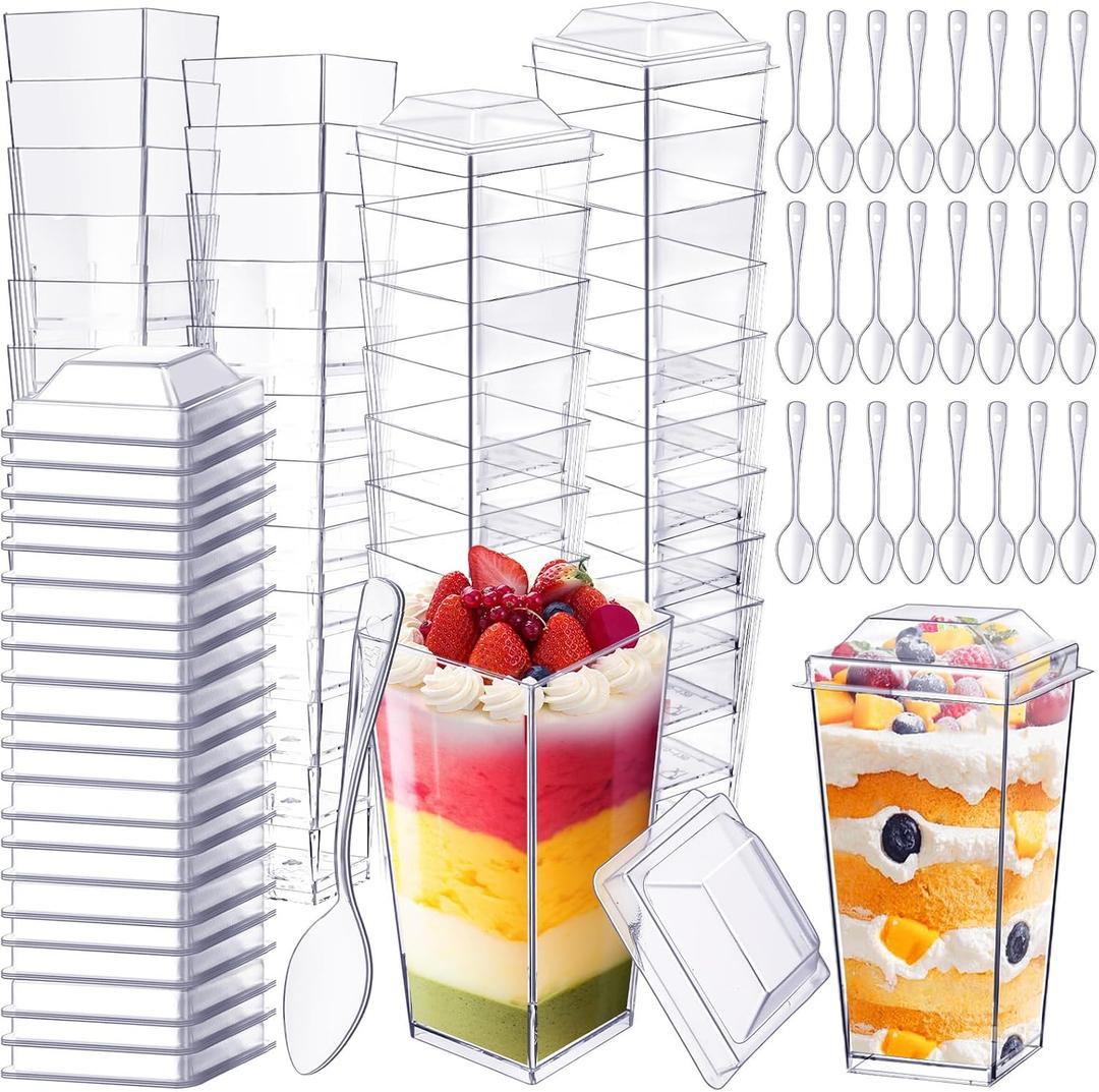 Sliner 120 Pack 3 oz Mini Dessert Cups with Lids and Spoons Square Clear Plastic Parfait Cups with Lids Shooter Cups Dessert Appetizer for Parties Cake Yogurt Ice Cream Pudding