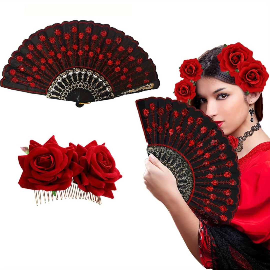 2 Pcs Mexican Rose Hair Clip & Sequined Folding Fan Set - Flamenco Costume Hair Jewelry & Hand Fan for Women