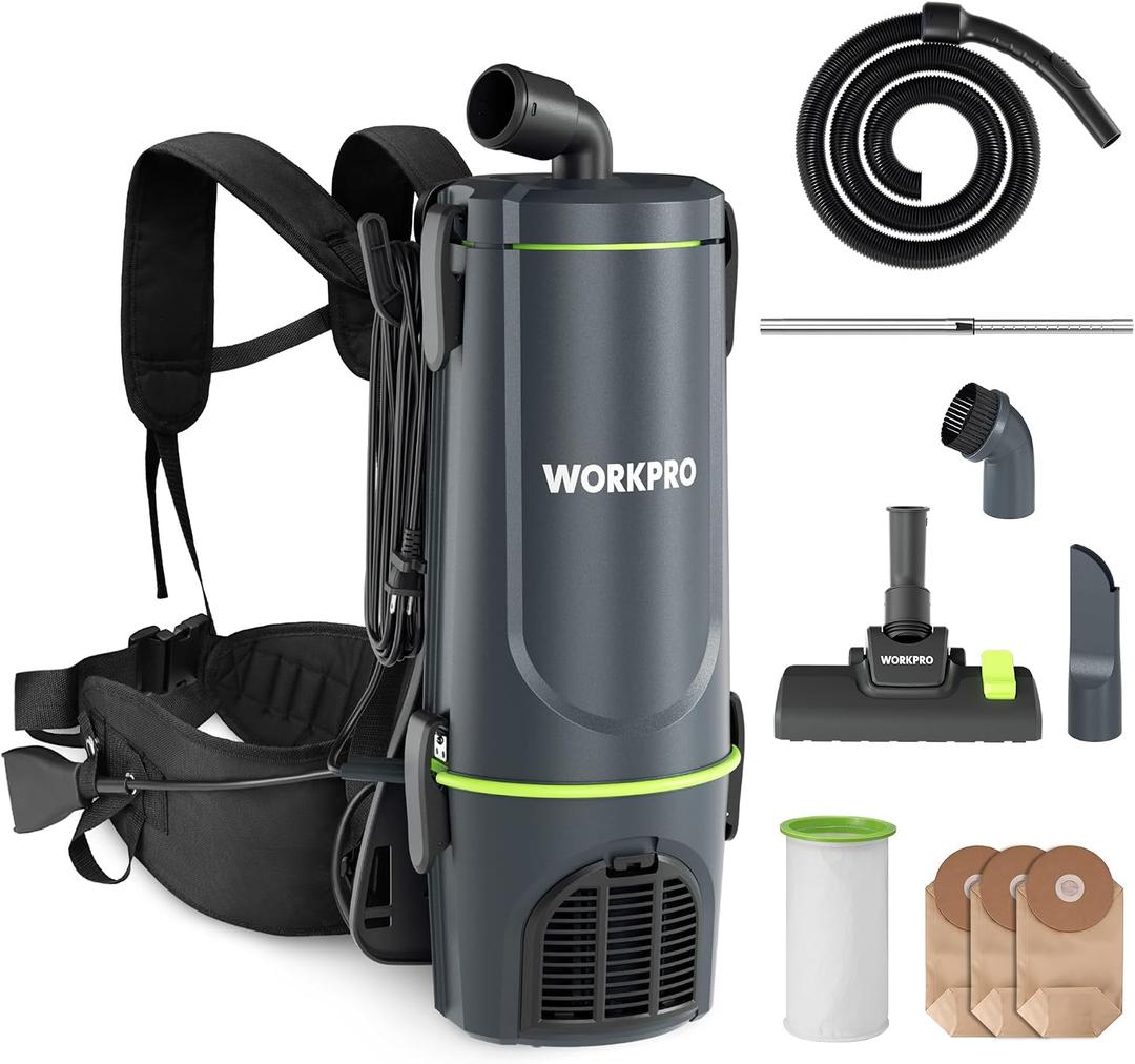 WORKPRO Commercial Backpack Vacuum Cleaner, 6-Quart, 1200W Motor, Lightweight with 23-Foot Long Cord, Portable Vacuum Backpack for Stairs, Carpet and Hard Floors