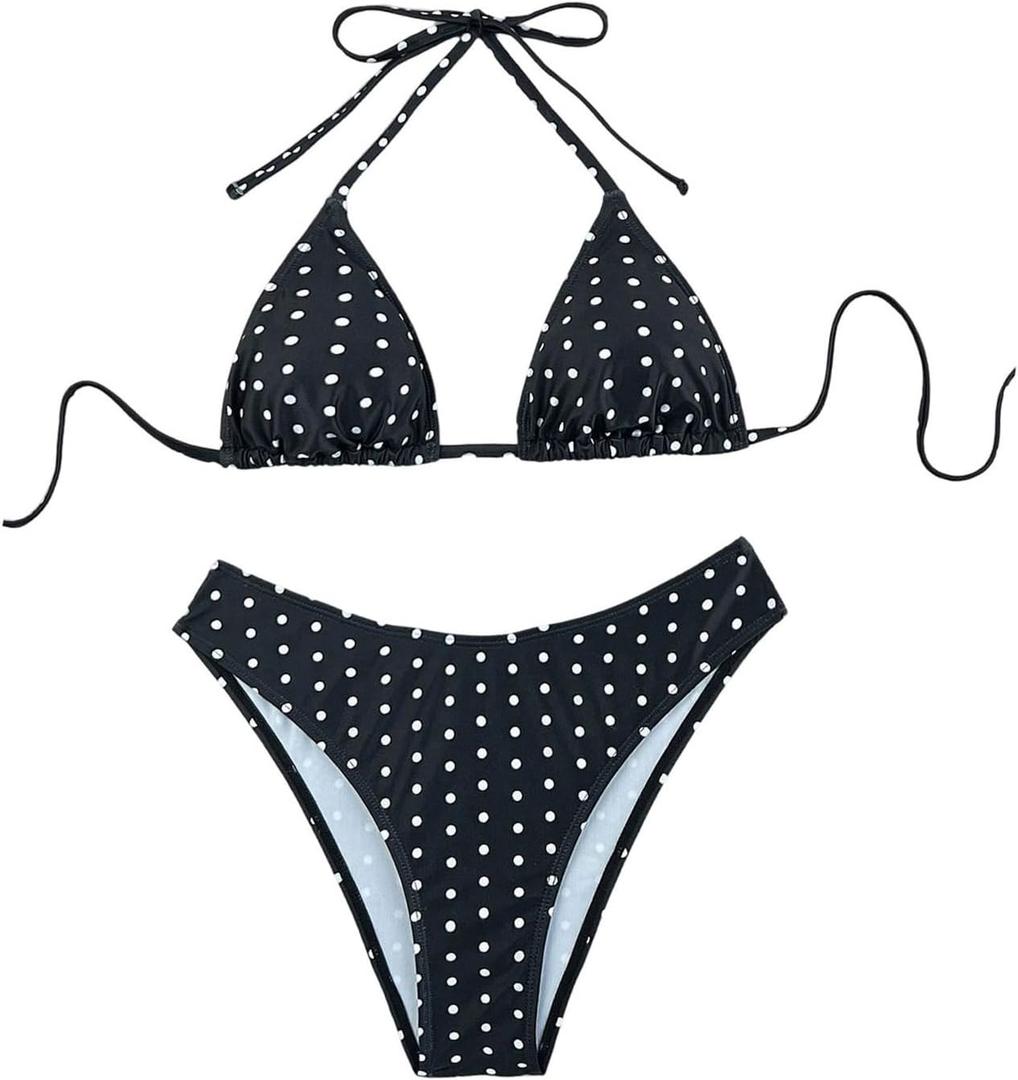 Verdusa Women's Polka Dots Bikini Set Halter Triangle Swimsuit 2 Piece Bathing Suit Summer Swimwear (Black, M)